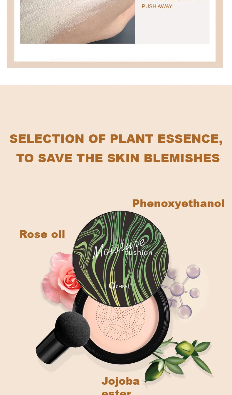 Ocheal BB Cream Air Cushion Compact Make Up Foundation Concealer Cream for Face Cosmetics Makeup Mushroom Head Puff
