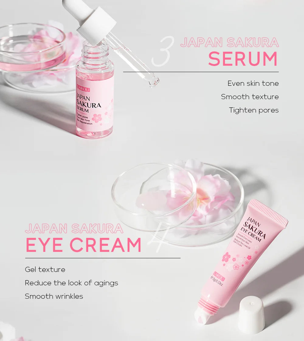 New 6pcs/Set LAIKOU Sakura Skin Care Sets Face Cream Serum Toner Facial Cleanser Sunscreen Eye Cream Face Skin Care Products