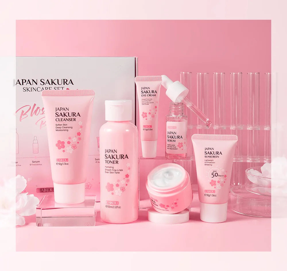 New 6pcs/Set LAIKOU Sakura Skin Care Sets Face Cream Serum Toner Facial Cleanser Sunscreen Eye Cream Face Skin Care Products