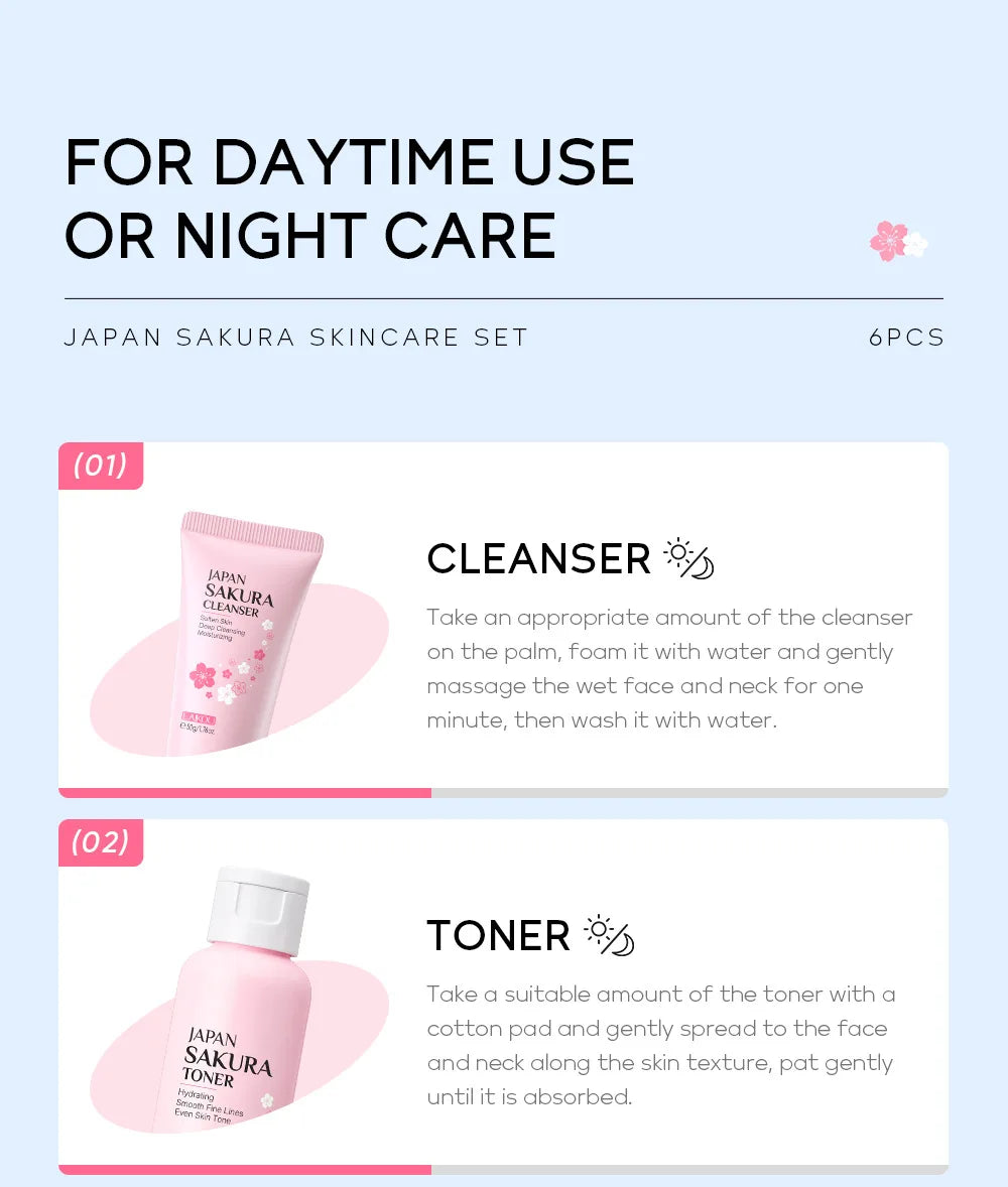 New 6pcs/Set LAIKOU Sakura Skin Care Sets Face Cream Serum Toner Facial Cleanser Sunscreen Eye Cream Face Skin Care Products