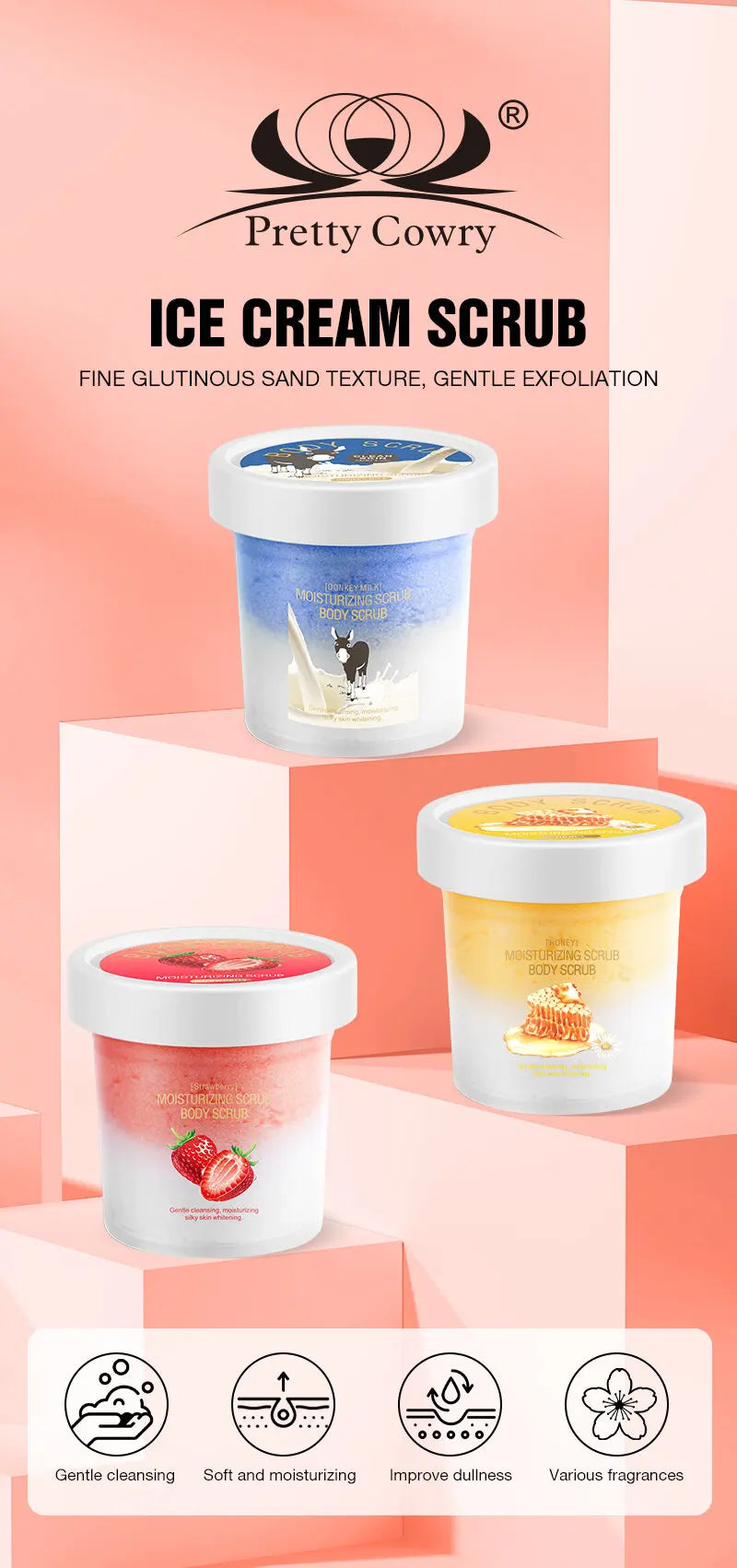 Pretty Cowry Two-Tone Ice Cream Body Scrub Exfoliates deeply cleanses smooths moisturizes with no irritation natural ingredients