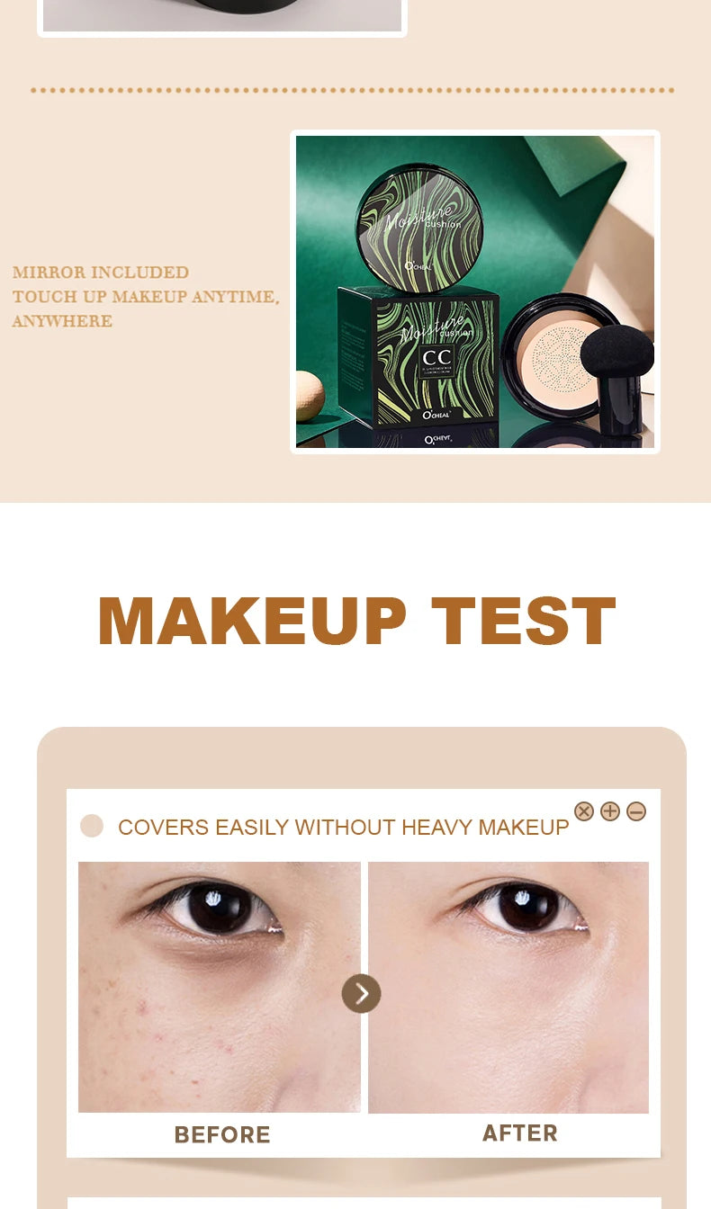 Ocheal BB Cream Air Cushion Compact Make Up Foundation Concealer Cream for Face Cosmetics Makeup Mushroom Head Puff