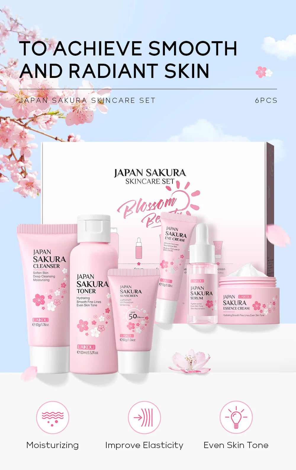 New 6pcs/Set LAIKOU Sakura Skin Care Sets Face Cream Serum Toner Facial Cleanser Sunscreen Eye Cream Face Skin Care Products